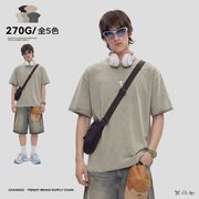 【OEM】メンズ ヴィンテージウォッシュ ダメージ加工 270g 半袖Tシャツ ストリート系トップス★全5色