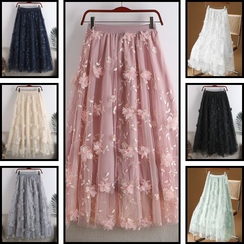 花柄 ハイウエスト スリミング ダブルレイヤー メッシュ AラインV00216