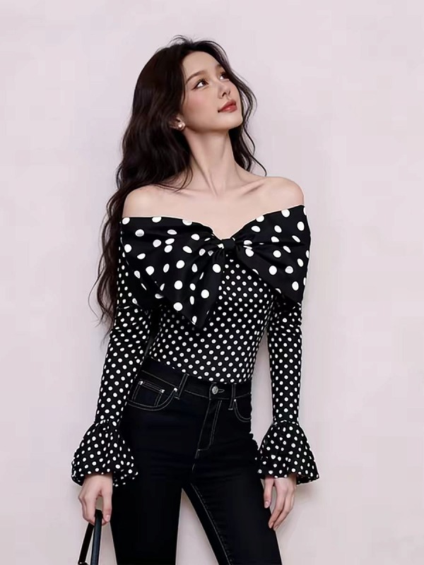 トップス 切り替え バイカラー スリム 着痩せ ドット柄 シンプル