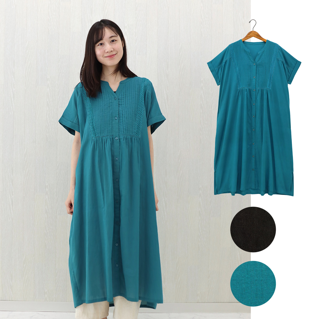 【PORINA】ワンピース ドルチェ[シャツワンピ半袖前開き無地レースピンタックナチュラル春夏26SS]