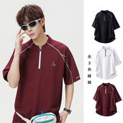 メンズ 接触冷感 速乾 半袖Tシャツ 配色ステッチハーフジップ スポーツ アウトドア トレーニング★全3色