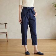 ストレッチコットン　フロントプリーツクロップドパンツ　バルーンシルエット　共布ベルト付き