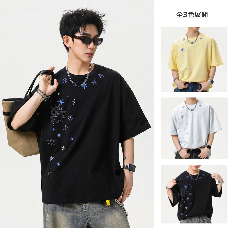 メンズ 雪花プリント 半袖Tシャツ 夏 コットン 通気性 ゆったり ストリート カジュアルTシャツ★全3色