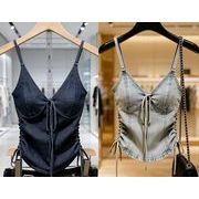 全2色 タンクトップ ベスト シャーリング 切り替え スリム 着痩せ デニム シンプル