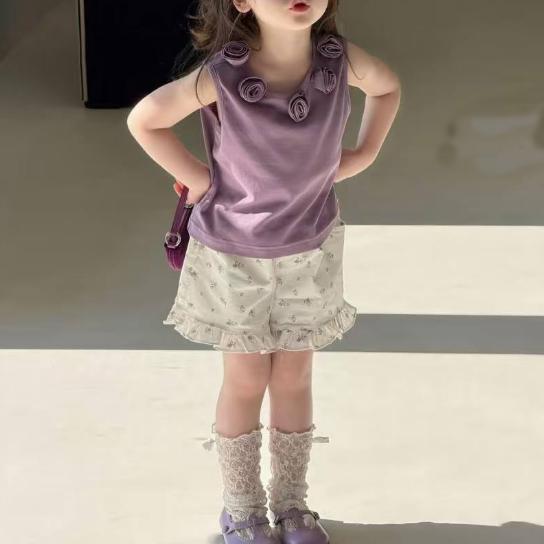 2026夏服※SX☆小香風 立体フラワー ノースリーブ タンクトップTシャツ 小花柄ショートパンツ