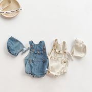 赤ちゃん夏用ノースリーブデニムつなぎ服 男女兼用ロンパース帽子セット