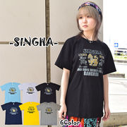 Tシャツ 半袖 黒 ホワイト 白 メンズ SINGHA シンハービール 綿100% エスニック ファッション