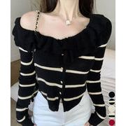 フリルニットトップス オフショルダー秋服