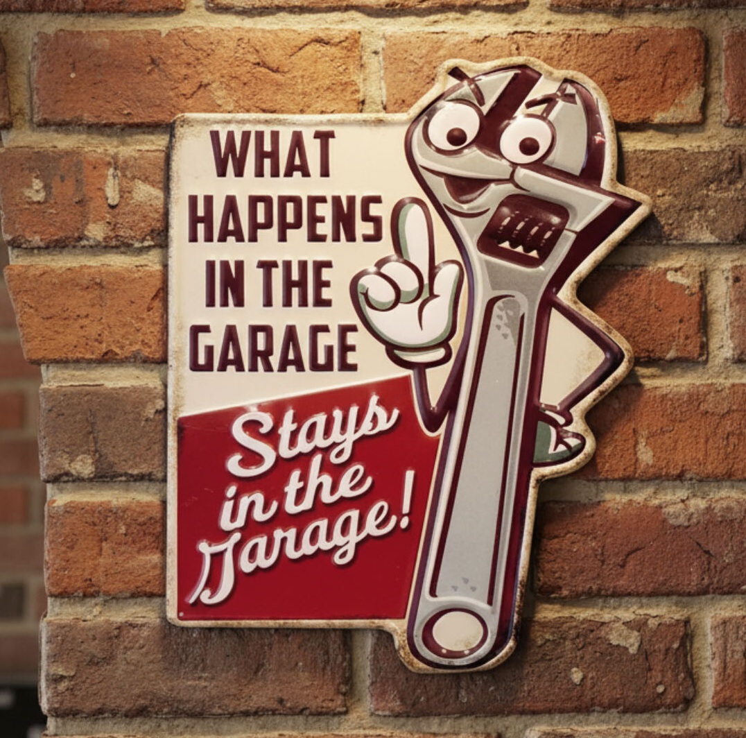 アンティークエンボスプレート ダイカット STAYS IN THE GARAGE★