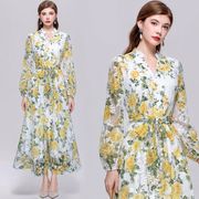 レディース フレンチフラワープリント ロングワンピース Vネック  ボタン ウエストリボンエレガント