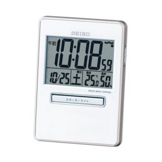 目覚まし時計 トラベラ 白 電波時計 デジタル アラーム カレンダー 温度計 湿度計 スヌーズ　セイコー