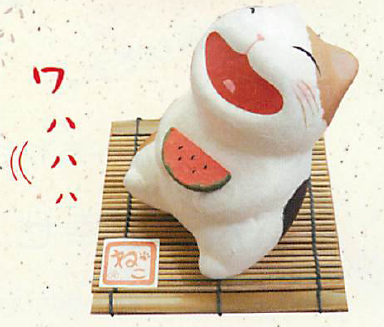 【ご紹介します!和雑貨！ちぎり和紙シリーズ！安心の日本製です】涼み笑い猫（スイカ）