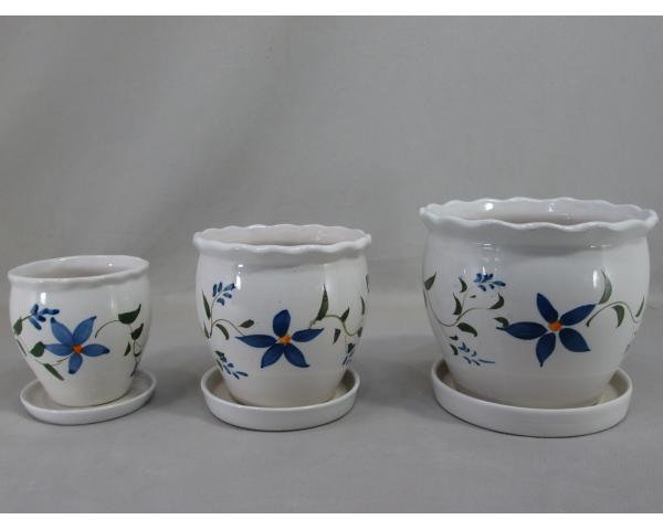 陶器植木鉢３点セット（受皿付）【手描き花柄】