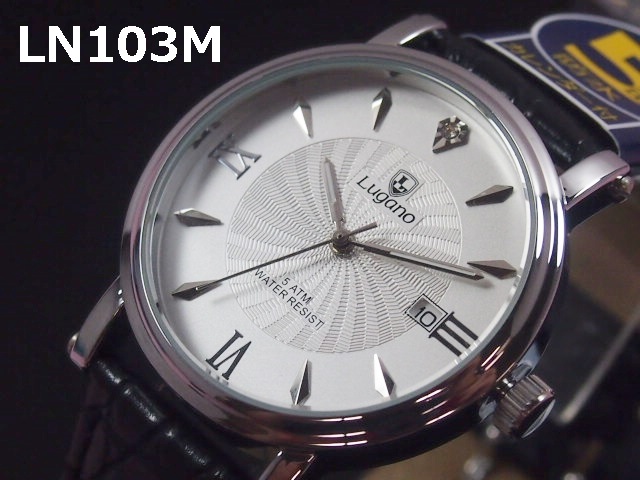 Lugano(ルガノ)メンズ腕時計　PUレザーベルト　日本製ムーブメント　カレンダー表示　5気圧防水