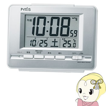 目覚まし時計 セイコークロック 電波 デジタル カレンダー・温度 表示 PYXIS 銀色メタリック おしゃれ
