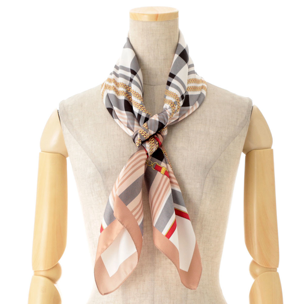 【スカーフ】ポリエステルチェック＆ベルト柄イタリー製スクエアスカーフ