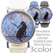 黒猫と蝶々の水彩アート文字盤  型押しPUレザーベルトのデザインウォッチ 全3色 SPST019 レディース腕時計