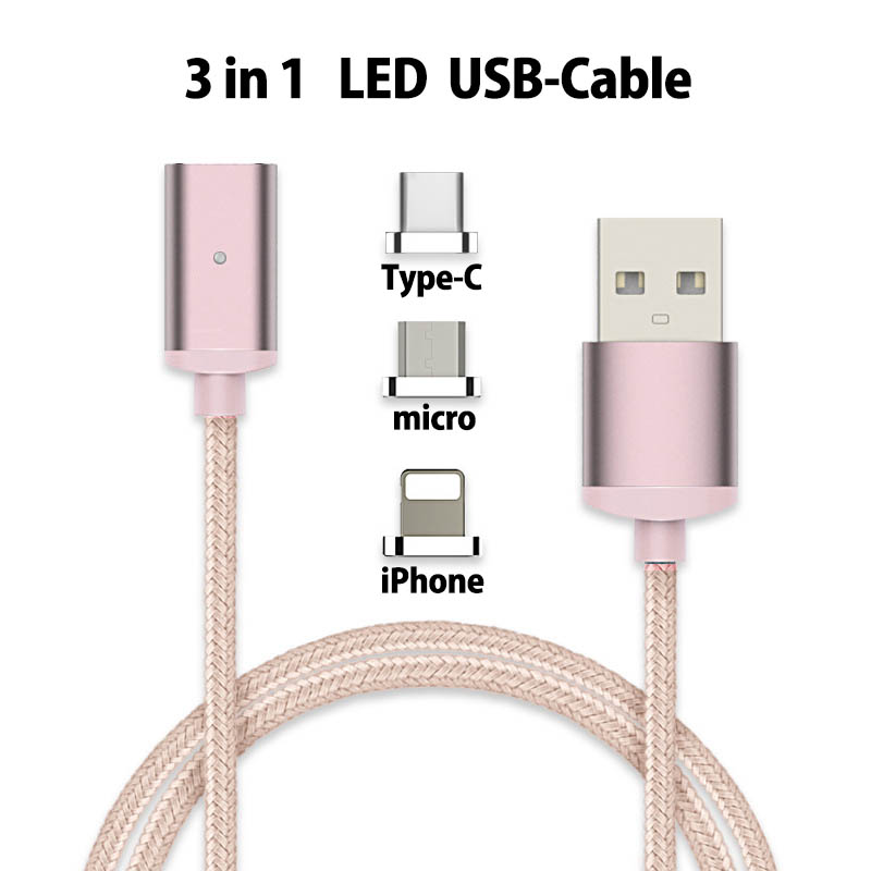 3in1 iPhone micro type-c マグネット Lightningケーブル 充電ケーブル データ転送【LEDライト付き】1m