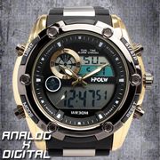 アナデジ デジアナ HPFS618A-BKYG アナログ&デジタル 防水 ダイバーズウォッチ風メンズ腕時計 クロノグラフ