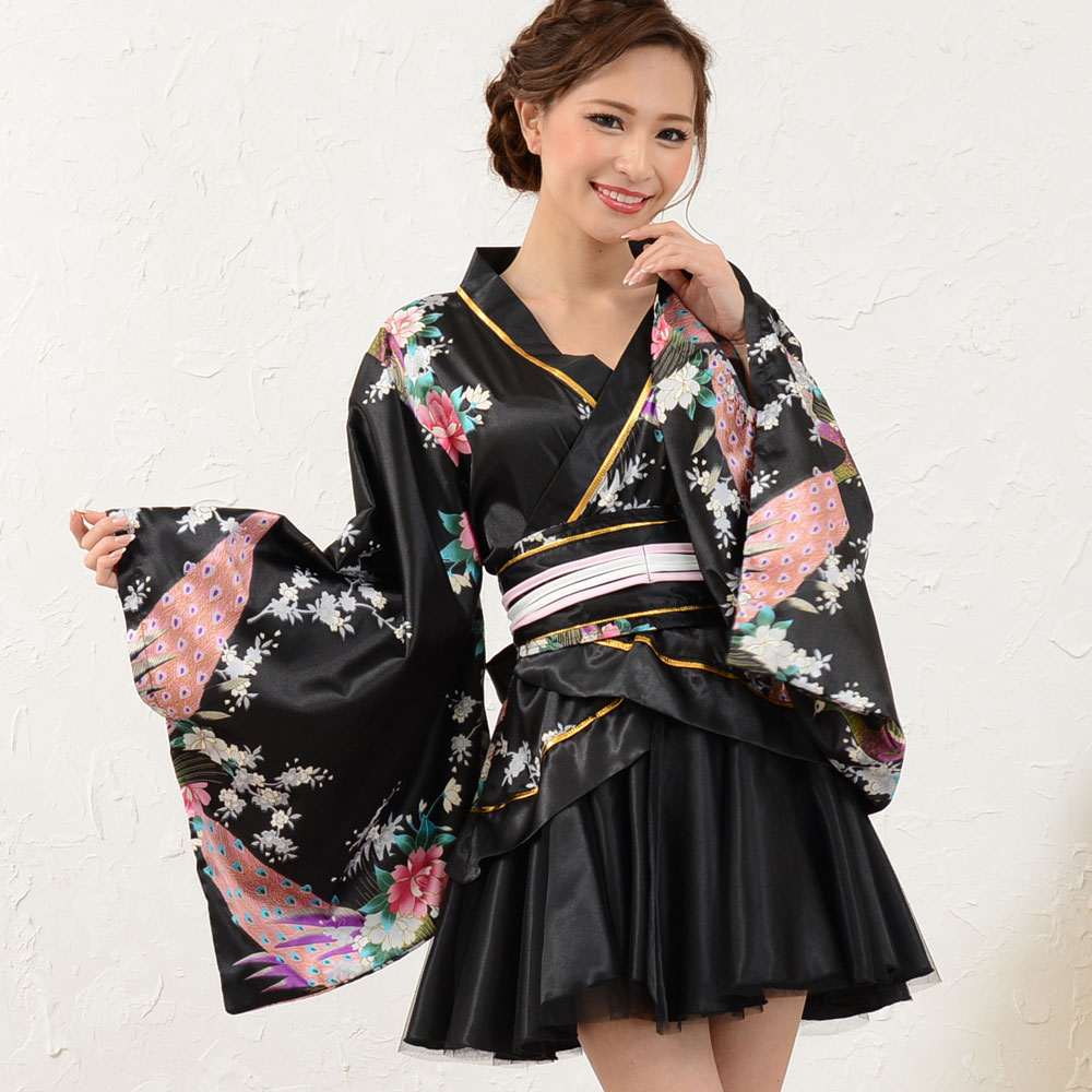 新色追加】0670サテン和柄豪華花魁ミニ着物ドレス 和柄 よさこい