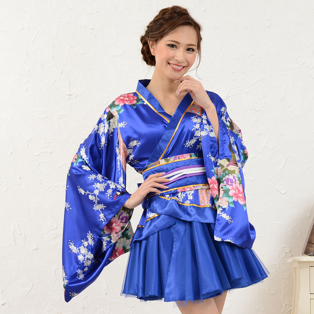 新色追加】0670サテン和柄豪華花魁ミニ着物ドレス 和柄 よさこい