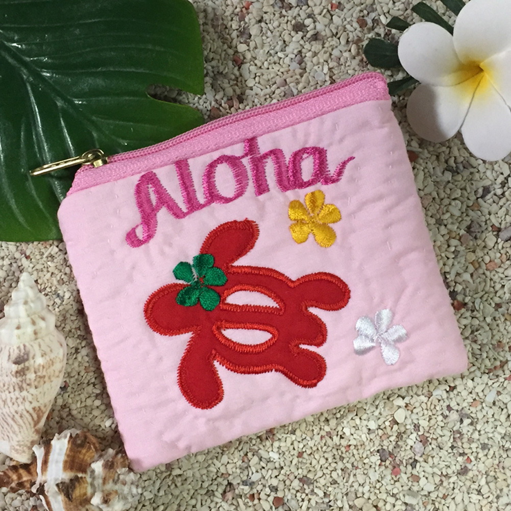 ハワイアンキルト Hawaiian Quilt ホヌ柄 スクエアコインケース/インテリア小物 ピンク