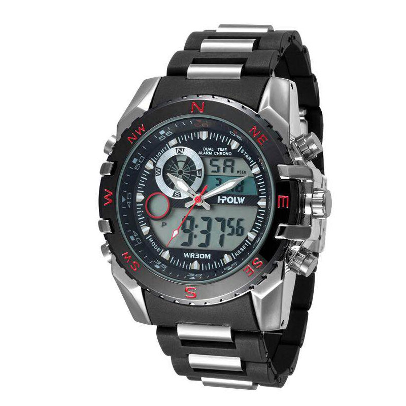 アナデジ HPFS615-SVRD アナログ&デジタル クロノグラフ 防水 ダイバーズウォッチ風メンズ腕時計