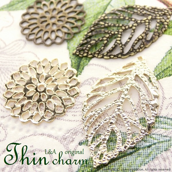 ★L&A original charm★Leaf★K16GP&本ロジウム&金古美★薄型タイプ♪チャーム136 “Thin series”