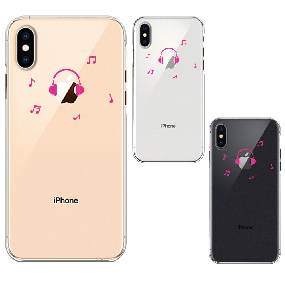 iPhoneX iPhoneXS ワイヤレス充電対応 ハード クリア 透明 ケース カバー 音楽 music ヘッドフォン ピンク