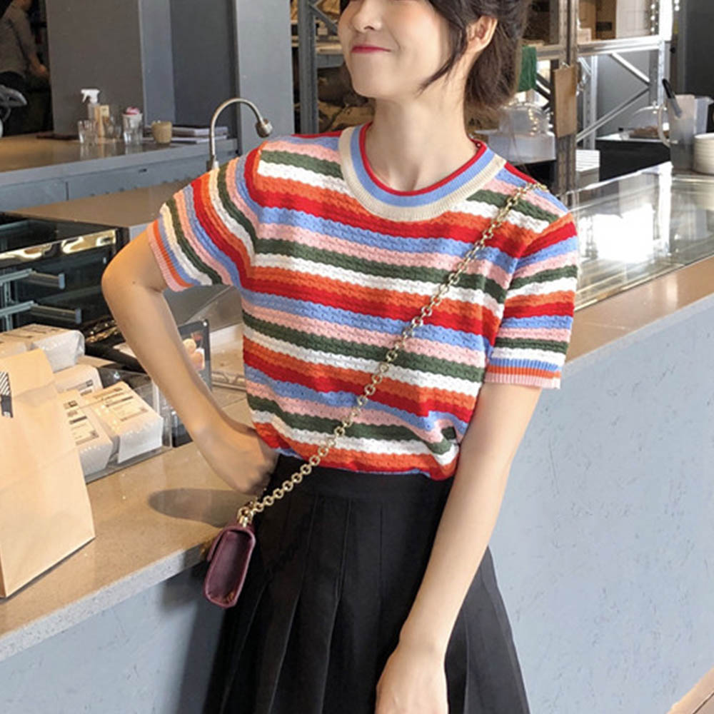 トップス 春夏 サマーニット ボーダー カットソー 半袖 レディース カラフル プルオーバー 即納 アパレル 盛煌商事 株式会社 問屋 仕入れ 卸 卸売の専門 仕入れならnetsea