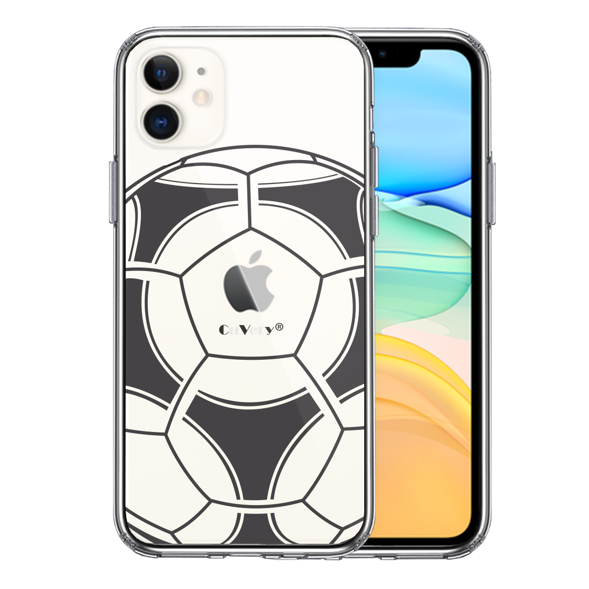 iPhone11 側面ソフト 背面ハード ハイブリッド クリア ケース カバー サッカーボール I Love Soccer