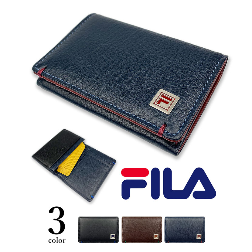 全3色 FILA（フィラ）リアルレザー バイカラー 名刺入れ カードケース 牛革