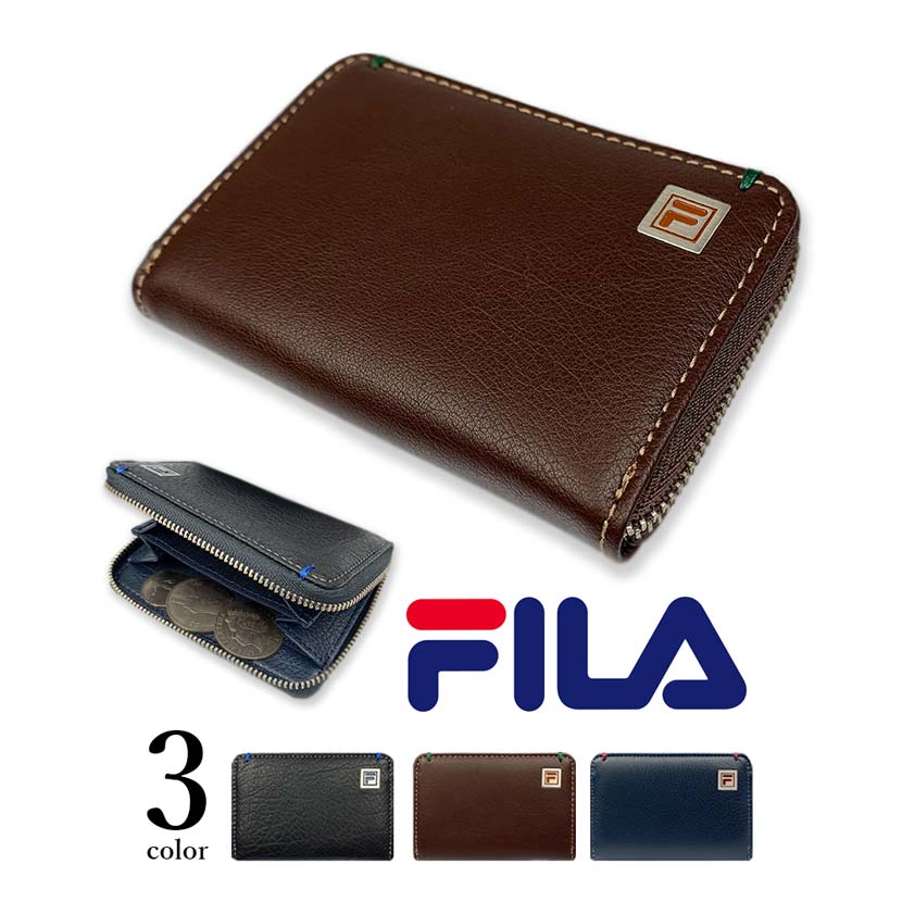 全3色 FILA（フィラ）リアルレザー バイカラー ラウンドファスナー コインケース 小銭入れ ミニウォレット