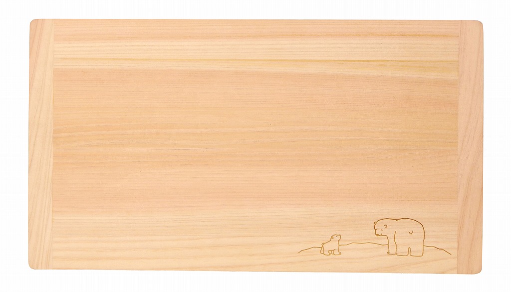 かわいいシロクマ親子デザインの本格的な国産ひのき・まな板