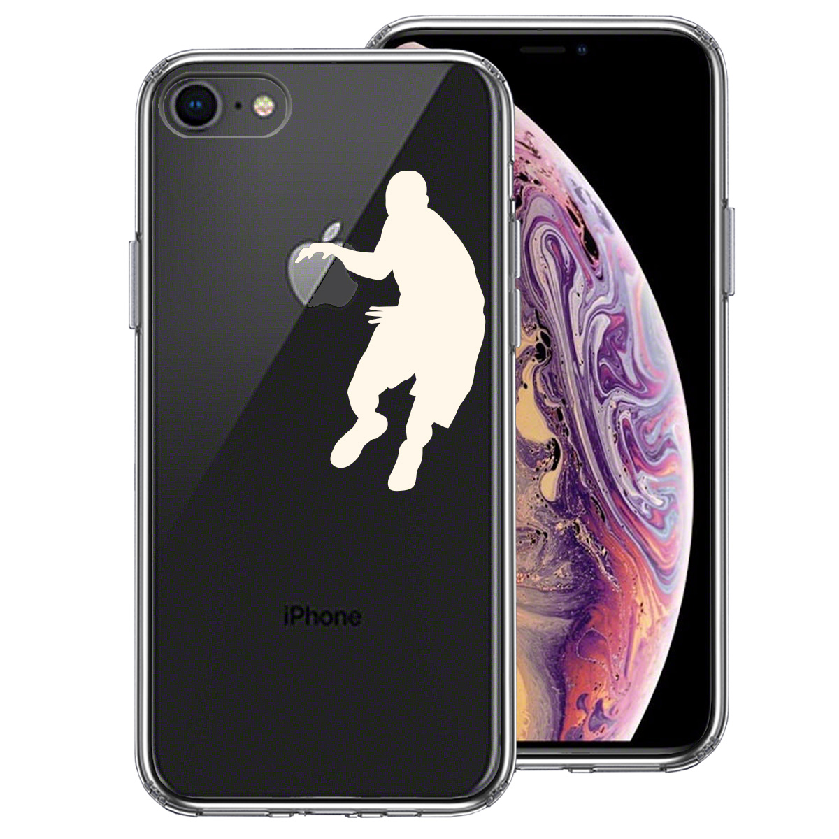 iPhone8 側面ソフト 背面ハード ハイブリッド クリア ケース バスケットボール ドリブル ホワイト