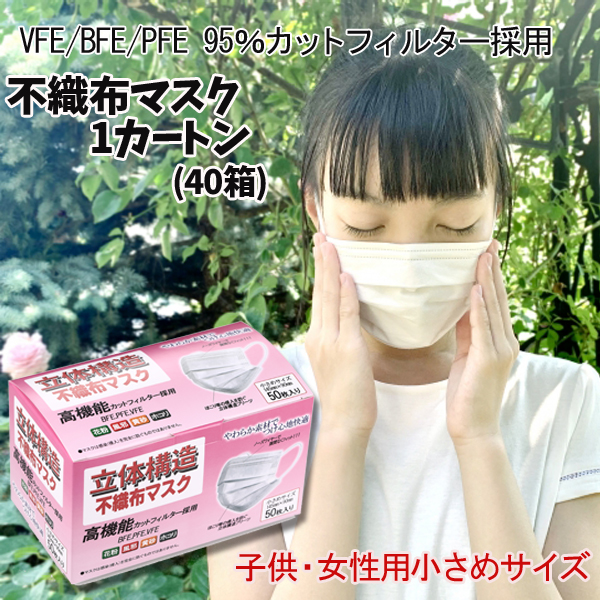 使い捨てマスク 子供用 女性用 小さめマスク 1カートン(40箱) マスク 三層構造 花粉症対策