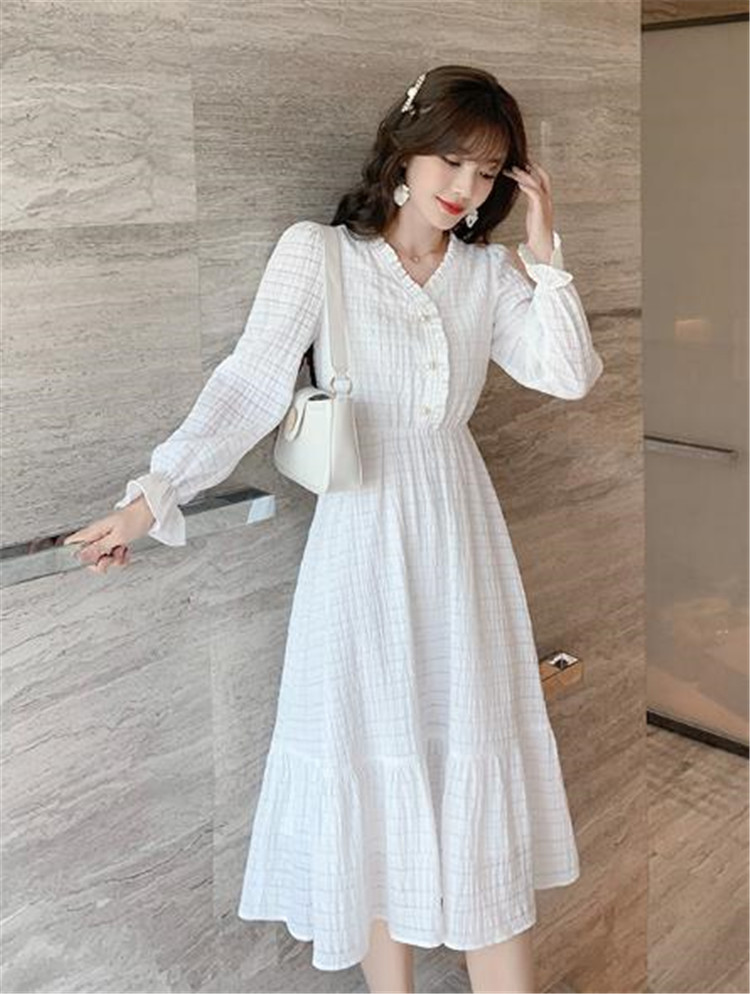 韓国の人気爆発 韓国ファッション 2020秋 新品 気質 Vネック 腰を括る ワンピース ホーンスリーブ 大きい裾