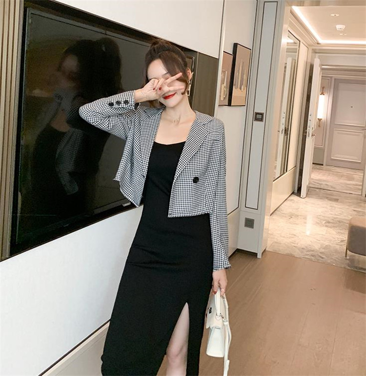 週末限定 韓国ファッション ブリティッシュスタイル チェック柄 スーツ コート ギャザリング スリム