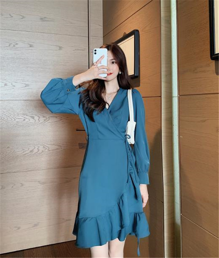 高品質新入庫！韓国ファッション レトロ 腰を括るフリル Vネック 長袖 短いスタイル ワンビース
