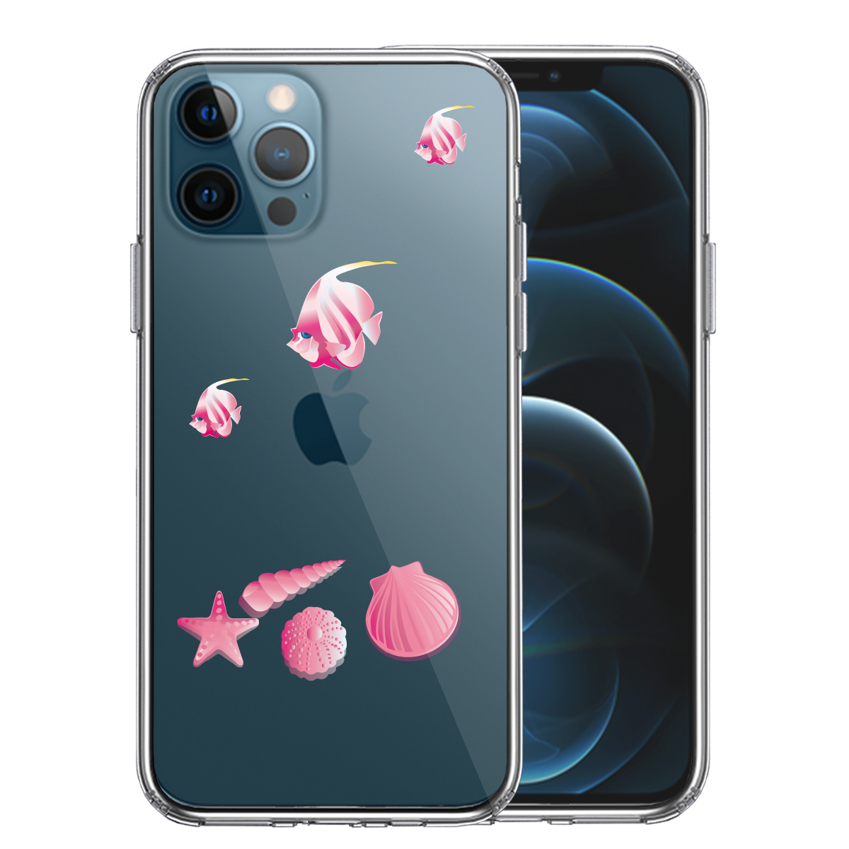 iPhone12 Pro 側面ソフト 背面ハード ハイブリッド クリア ケース 夏 熱帯魚 と 貝 ピンク