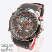 アナデジ デジアナ HPFS9907-BKRD アナログ&デジタル クロノグラフ ダイバーズウォッチ風メンズ腕時計