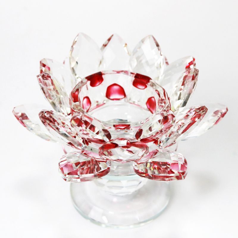【売切セール品】クリスタルガラス　蓮花台　お皿　大サイズ　レッドカラー　風水　置物　彫り物