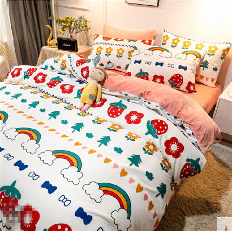 韓国ファッション 冬 プリント 4点セット 寝具 暖かさ 厚手 ベッド