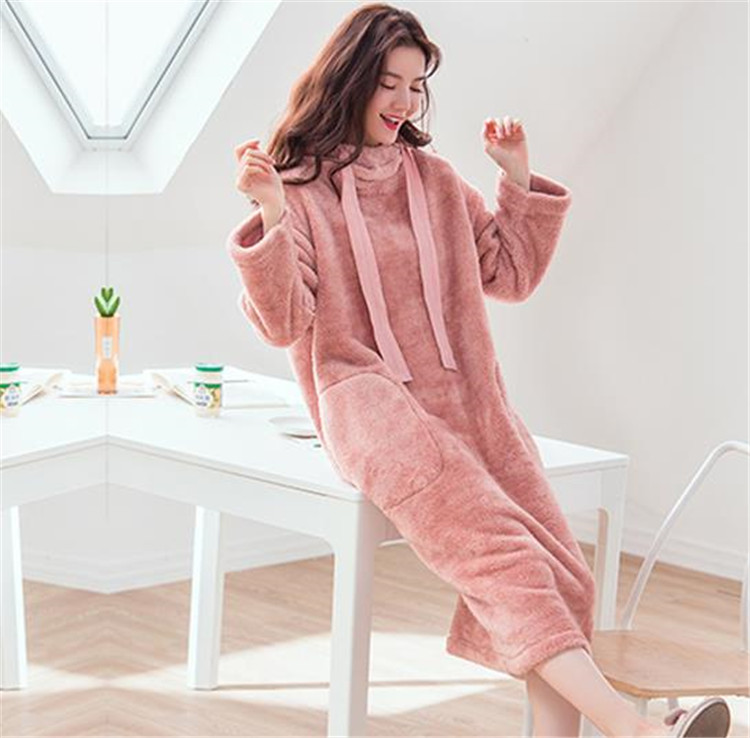 韓国ファッション ナイトスカート長袖 厚みのある 裏起毛 フード付き パジャマ かわいいホームサービス