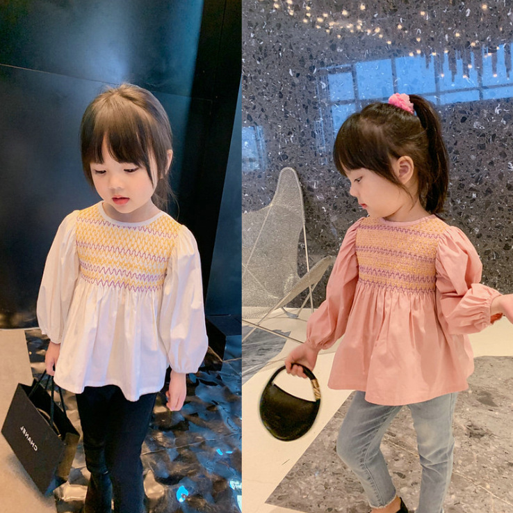 女の子 Tシャツ ラウンドネック プリーツ 上品 美しい 上着 新作 子供服 3-8歳 韓国子供服