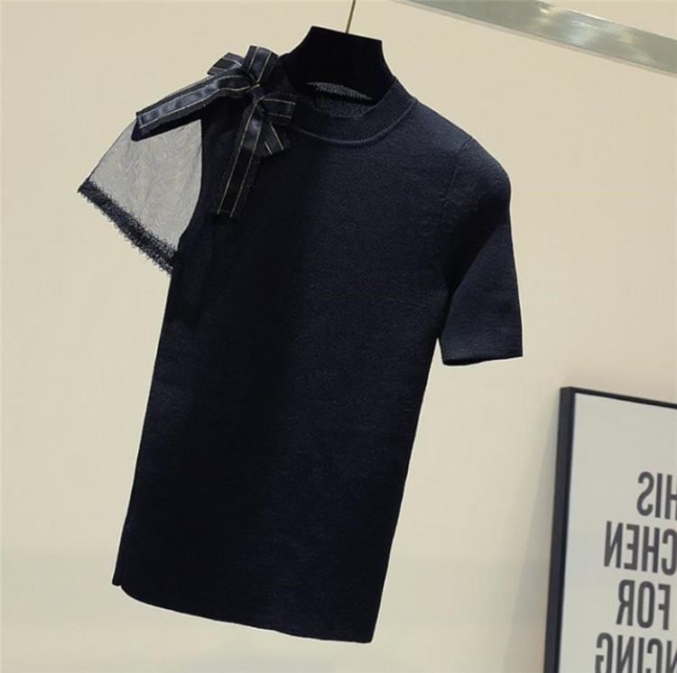 洗練されたオシャレを。韓国ファッション デザインセンス  薄い レーヨン 蝶結び 縫付 半袖 ニット Tシャツ