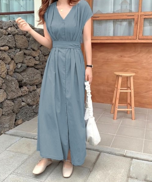 夏新作 半袖 マキシ スリム効果 コットンリネン ワンピース スカート レディース 韓国ファッション