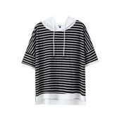 韓国ファッション  ゆったりする 大きいサイズ フード付き ボーダー 半袖 Tシャツ トレンド トップス