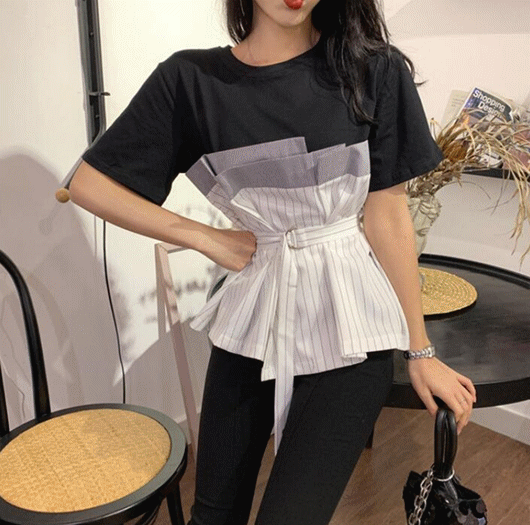 2021新作 異素材MIX Ｔシャツ フレアtシャツ ベルト付 バックスリット 半袖 レディース 韓国ファッション