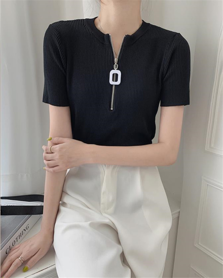簡単でオシャレに見える。韓国ファッション 百掛け ジッパー ニット 半袖 ピュアカラー トップス 薄い
